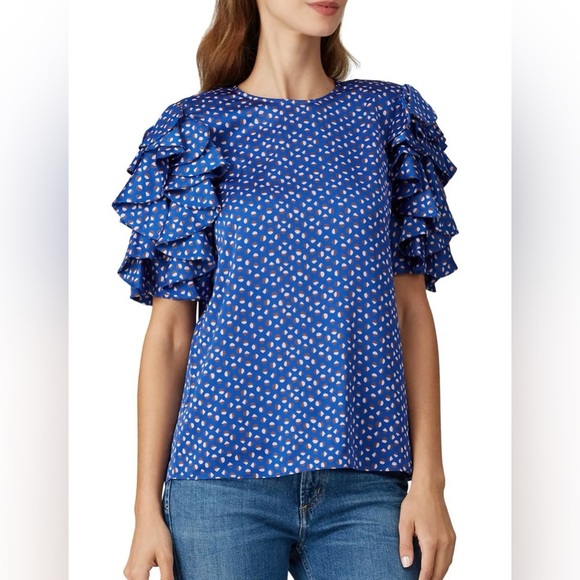 KATE SPADE Geo Dot Satin Blouse Blue Ruffle Puff Sleeve Top Size Small - Picture 1 of 13